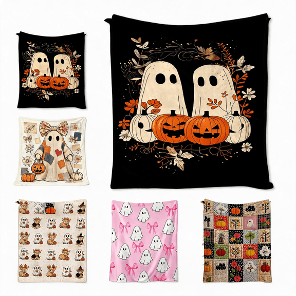 Kdkad Halloween Blanket, Soft Flannel Microplush Throw Blanket Printed Ghost Pumpkin for Halloween Decorations, Family Fluffy Quilt for Bed Sofa and Couch, Warm and Cozy Room Decor, S