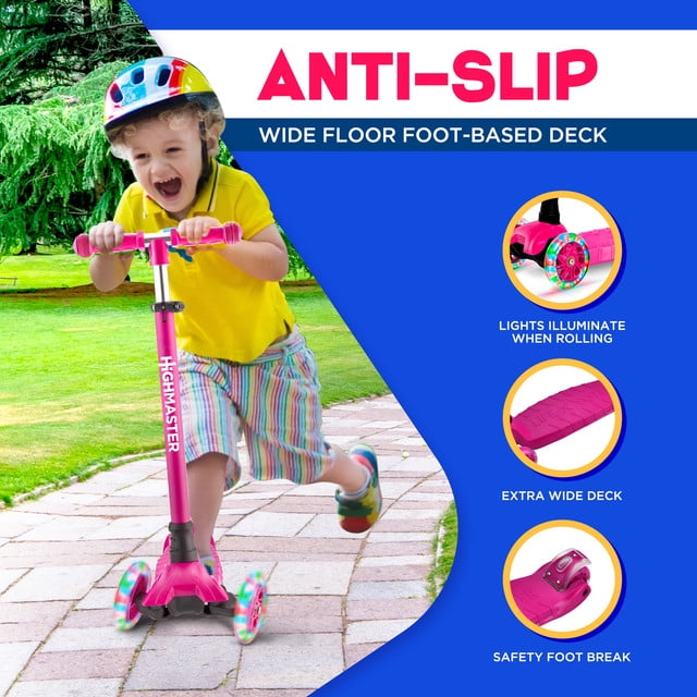 Highmaster 3-Wheel Toddler Scooter for 2 to 8 Year Old boy - 3 Wheeled Kids Scooter with Light Up Wheels, Safe and Fun Ride for Kids - Pink