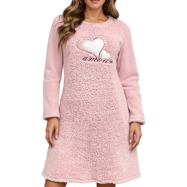 Fall Winter Heart Print Flannel Long Sleeve Nightgown Warm Thickened Sleepwear Cozy Loungewear For Women
