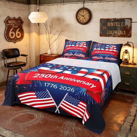 Manfei 3D USA Flag Queen Sheets, Patriotic Fireworks Queen Sheet Sets, Dark Blue, Navy Reversible 4-Piece (1 Flat Sheet, 1 Fitted Sheet and 2 Pillowcases)