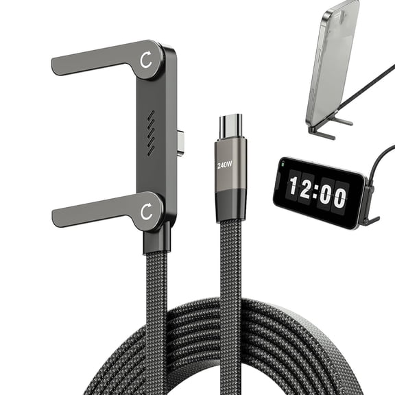 GJX 240W Usb C to Usb C Ultra Fast Charging Cable with Invisible Stand Flat Phone 90 Degree Right Angle Plug T Shaped Foldable Stand Multi Functional Cord Black 4.9 Ft (3)