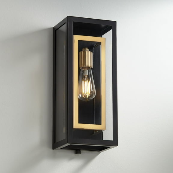 Possini Euro Design Double Box Modern Wall Light Sconce Matte Black Warm Brass Hardwire 6 3/4" Fixture Clear Glass for Bedroom Bathroom Vanity House