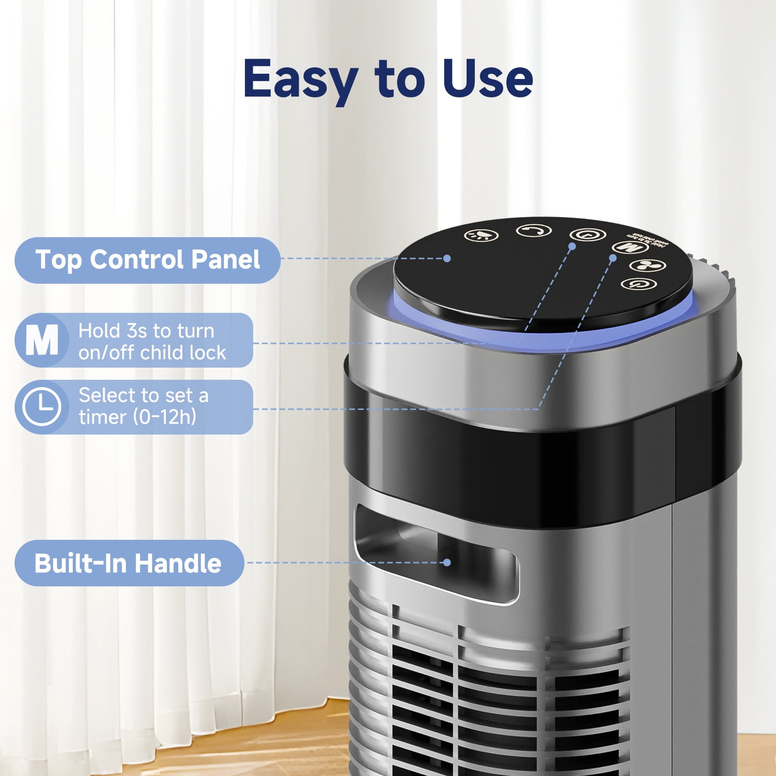 JIOABL Bladeless Tower Fan: 5 Speed Settings, 4 Modes, 25Ft/s Breeze, & Customizable Timer for Peaceful Sleep & Optimal Airflow, Gray