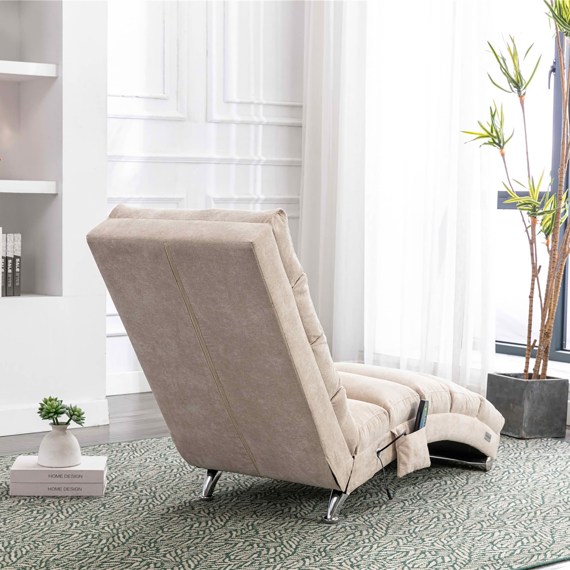 MAYEERTY Vibrating Upholstered Chaise Lounge Chair, Ergonomic Fixed Back Fabric Recliner Sofa with Side Pocket Remote Control for Living Room Bedroom