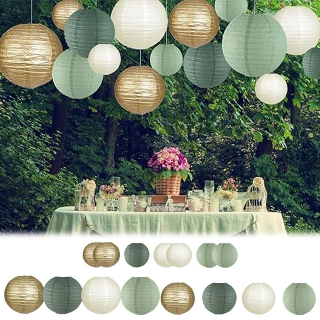 Paper Decoration Circular Hanging Paper Decorating Rural Parties Bridal Weddings Green Birthday Gold Green 15 Piece Set,4 Different Lanterns,15 Lanterns In Total
