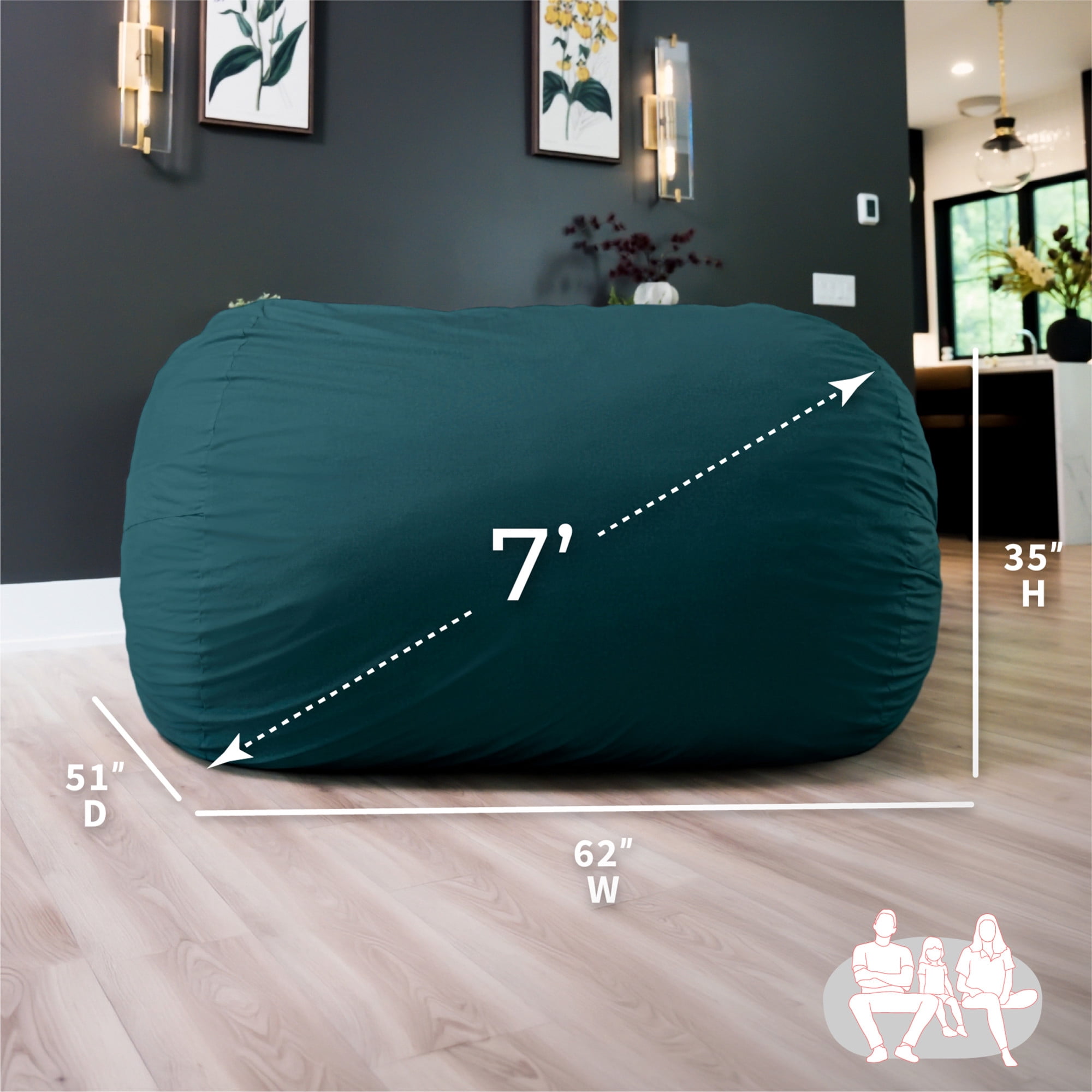 Big Joe Fuf 7Ft Giant Foam Bean Bag Chair, Oversized Couch with Removable Cover for Kids, Teens, Adults, Deep Sea Velveteen, Durable Woven Polyester, 7 Foot