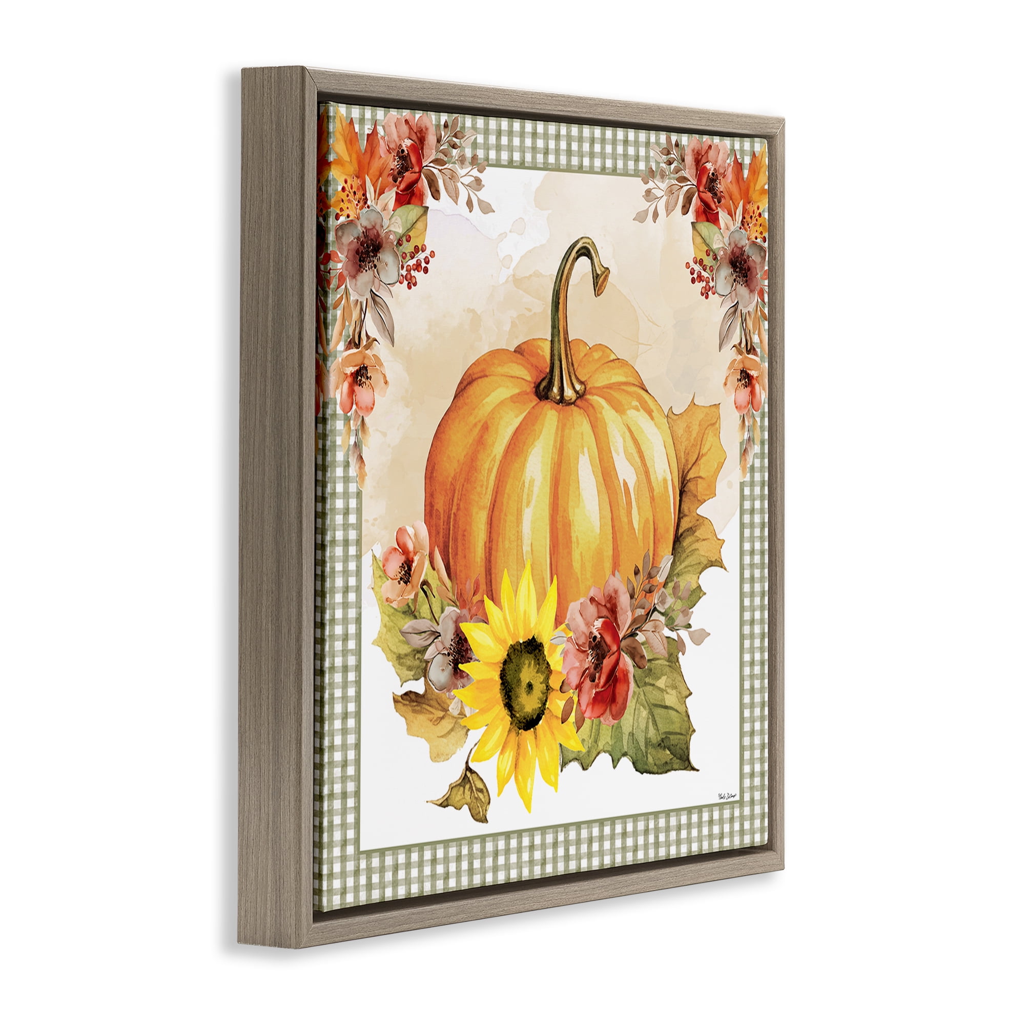 Stupell Industries Pumpkin with Flower Accent Botanical & Floral Painting Brown Floater Framed Canvas Art Prints Wall Art, 18 x 18
