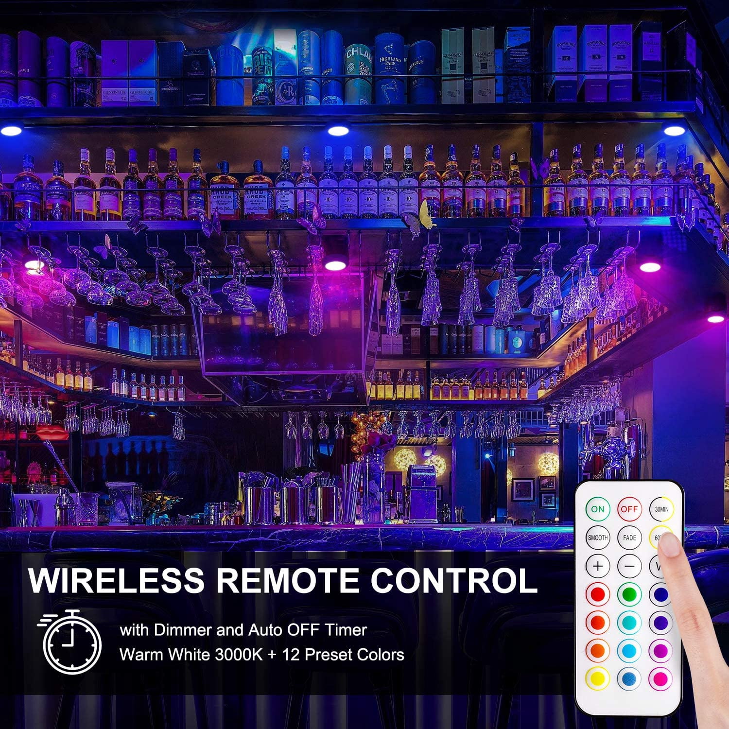 JJEAN-LED Puck Lights with Remote Control, Wireless Under Cabinet & Closet Lighting, RGB 13 Color Changing Lights with Dimmer, Timer & AA Battery Operated, Push, Touch, Stick on for Night, Black, 2 P