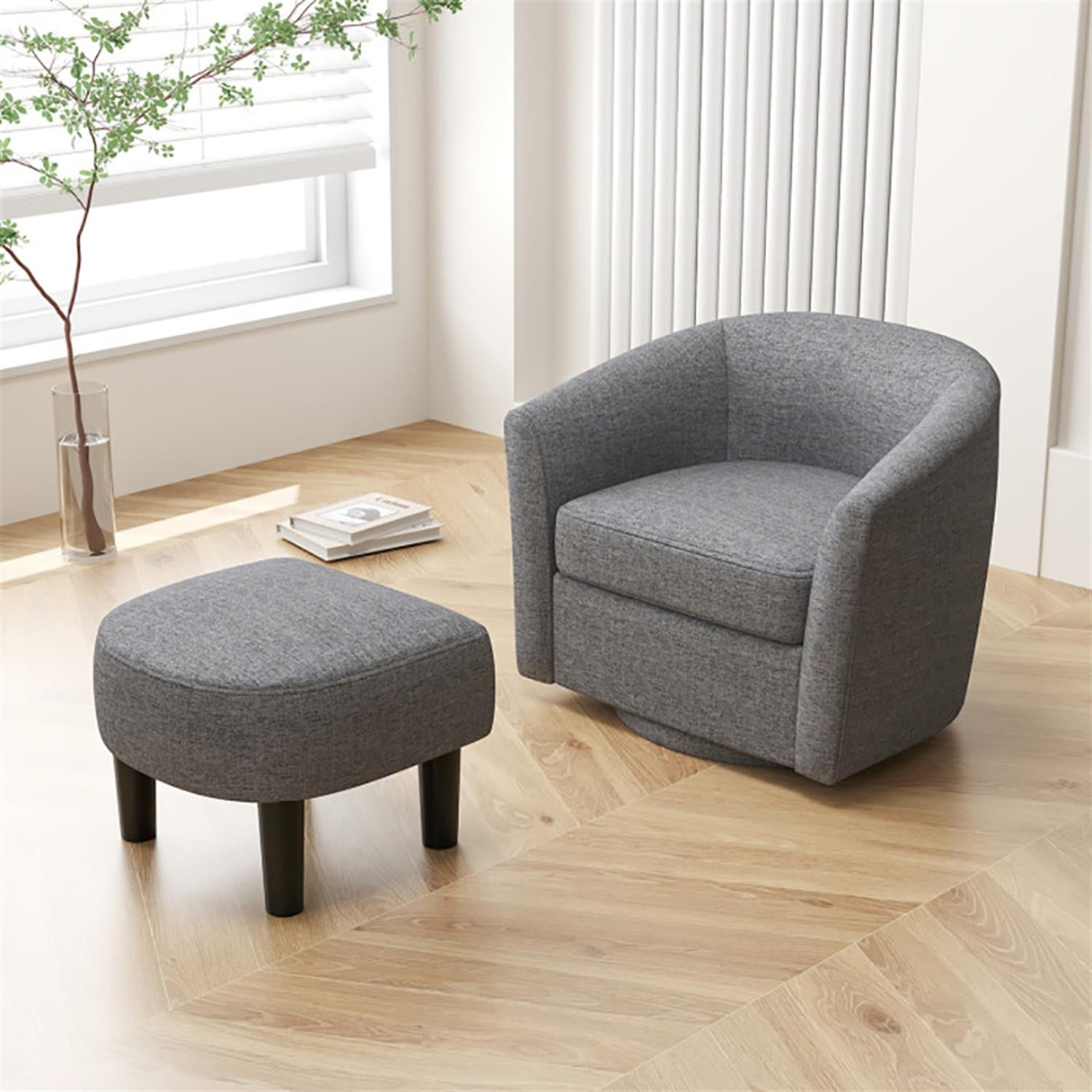 Demi Bonn Modern Club Swivel Accent Chair, Elegant Armchair with Ottoman Footrest Curved Backrest, Suitable for Living Room Bedroom Reception Room Office, Gray