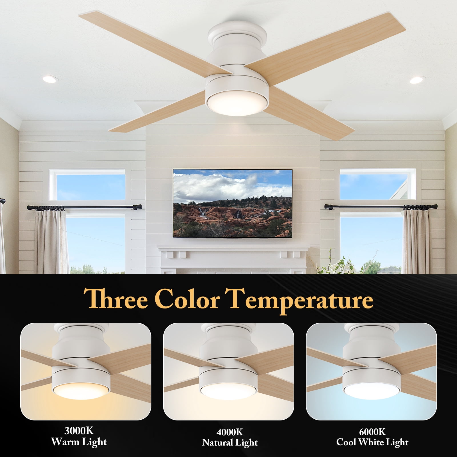 Warmiplanet 52" Modern Flush Mount Ceiling Fan with Light & Remote, White, Dual-Color Blades, DC Motor, 6 Speeds, 3-Color Light, Reversible, Timer