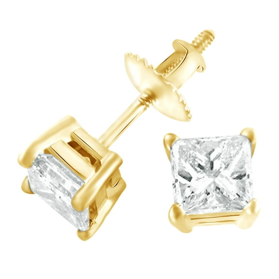 AFFY Princess Cut White Natural Diamond Stud Earrings In 14k Yellow Gold