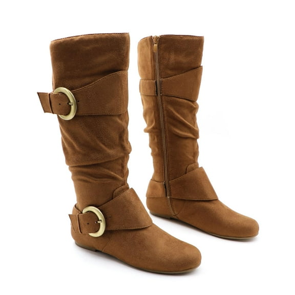 GJPBGK Women’s Boots Knee High Slouchy Boots Suede Faux Fur Lined Side Zipper Buckle Winter Fashion Boots