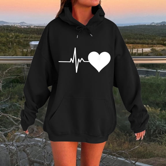 Women's Zip-Up Hoodies Ndbuld Women's Fashion Casual Ladies Printed Long Sleeve Tops Blouse Hooded Sweatshirts Black L