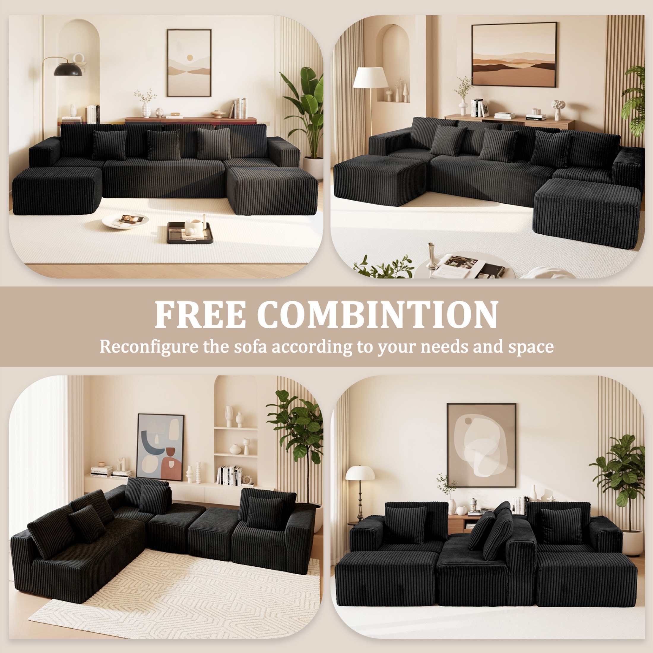 SEENYOO 132" Cloud Couch, U Shaped Sectional Couch, Striped Corduroy Modular 6-Seater Sofa for Living Room Bedroom, Reversible Chaise, Free Configuration, No Assembly, Black