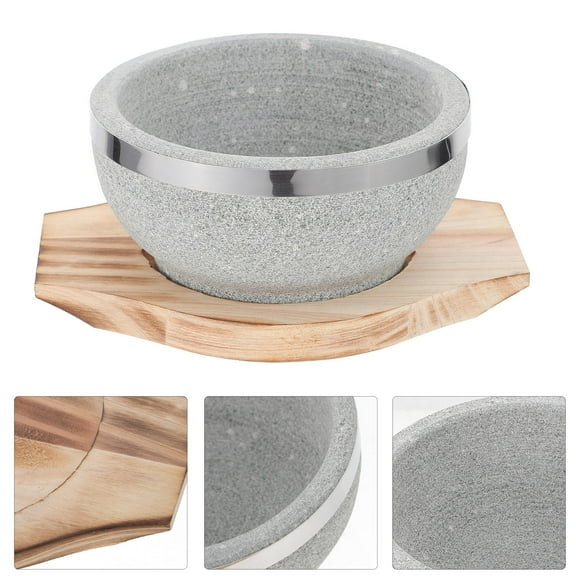 DEMACRIO Korean Utensils Bibimbap Stone Bowl and Wood Tray Multi 1Pack 7.1x5.5x2.6in