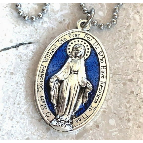 Miraculous Medal Necklace Pendant Virgin Mary Silver Blue Large 1-3/4" 24" Chain