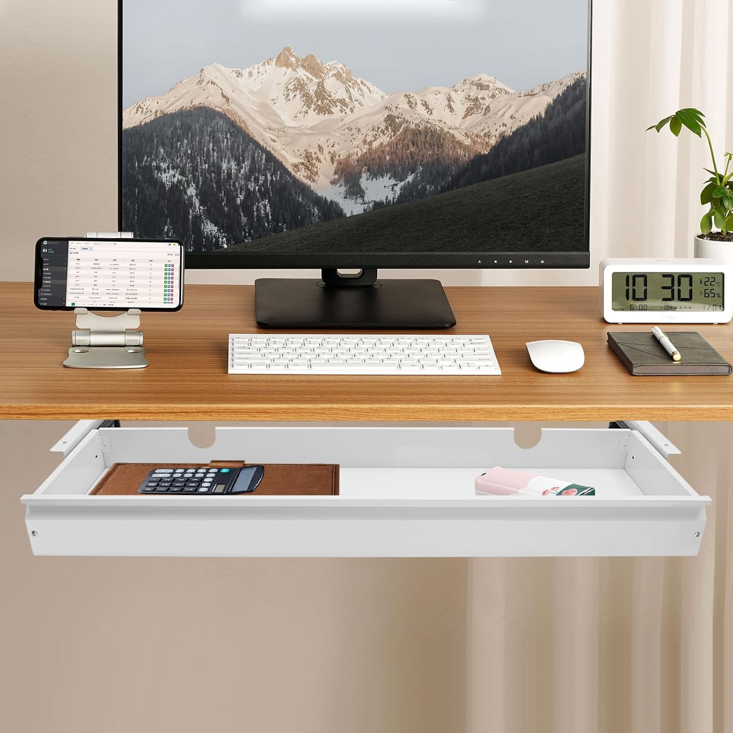 DENEST 33in Under Desk Mounted Sliding Pull-out Drawer without Shell Office Desk Pull-out Drawer Storage Organizer for Sit Stand Workstation Store Keyboard Mouse White 33.3 * 9.2in