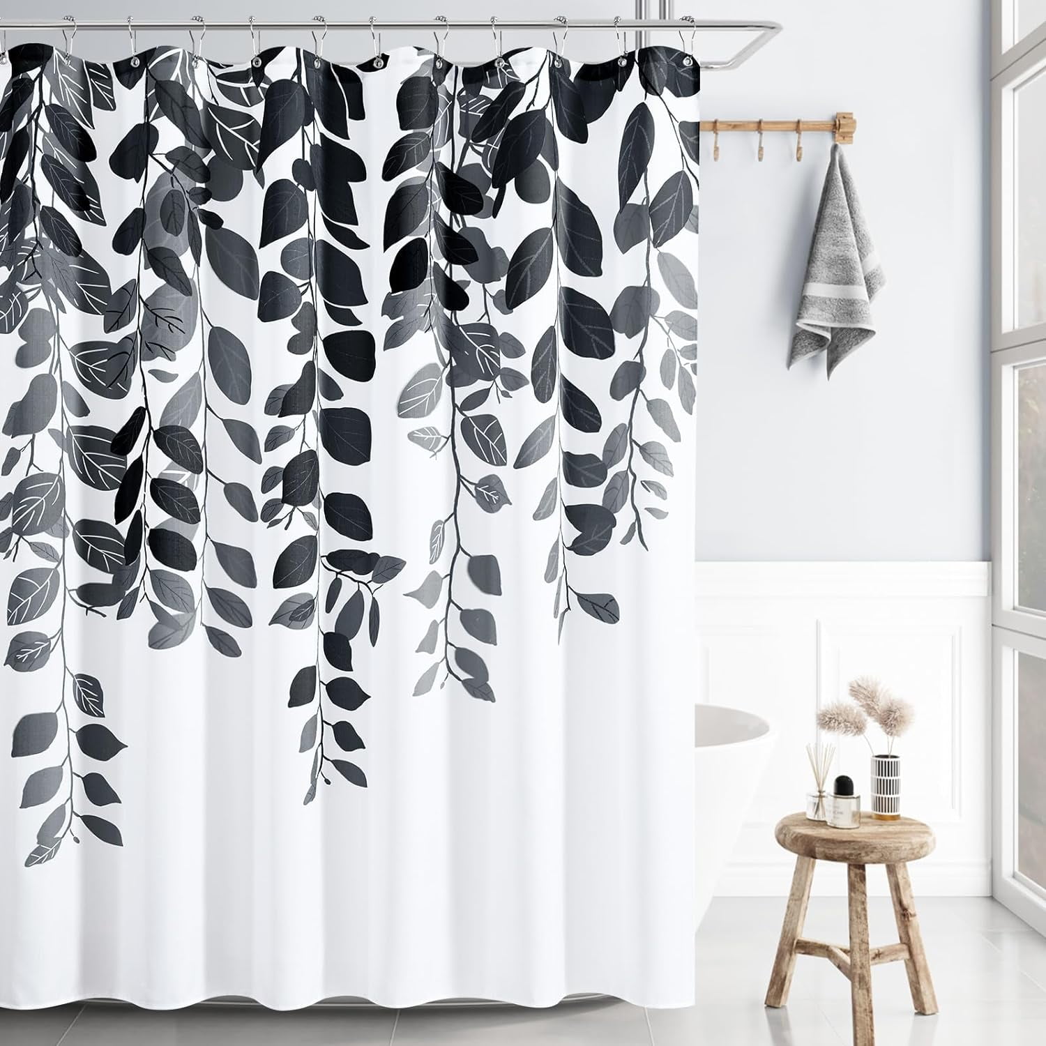 Black Floral Shower Curtain for Bathroom Black and White Eucalyptus Shower Curtain Watercolor Grey Leaves Shower Curtain Nature Botanical Bathroom Set Mens Flower Spring Plant Bath Decor 72x72