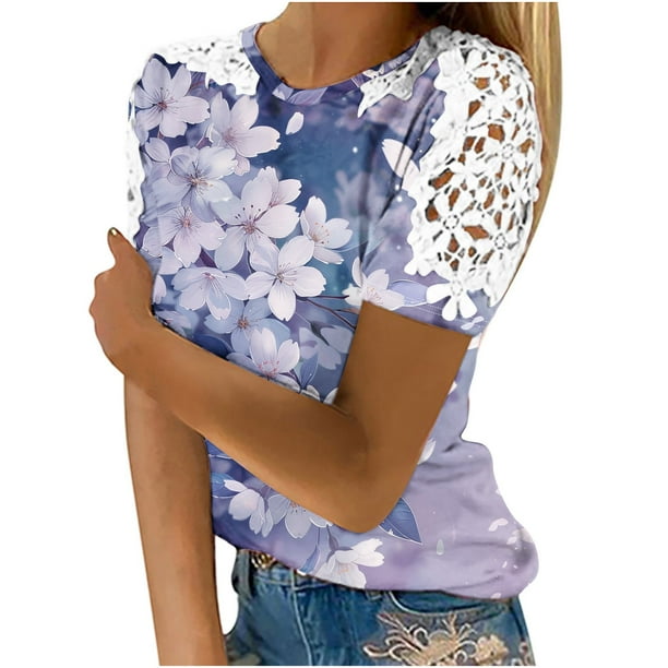 Camisas de Manga Corta para las Mujeres Impresión Cuello Redondo Suéter Encaje Camisa, Blusa de Verano Casual para las Mujeres