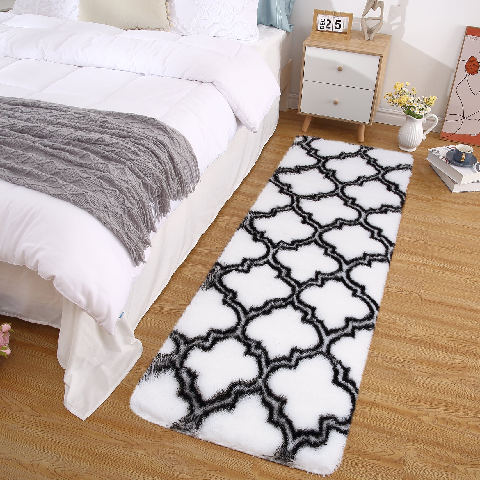HOMERRY 2' x 8' Fluffy Runner for Living Room Boho Moroccan Runner Rug Fuzzy High Pile Plush Carpet, White/Black