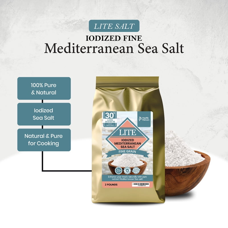 Pacific Pelican 30% Less Sodium Mediterranean Lite Sea Salt, (Iodized) Fine Grain,100% Natural, Organic, Fine Grain, 2 Pounds