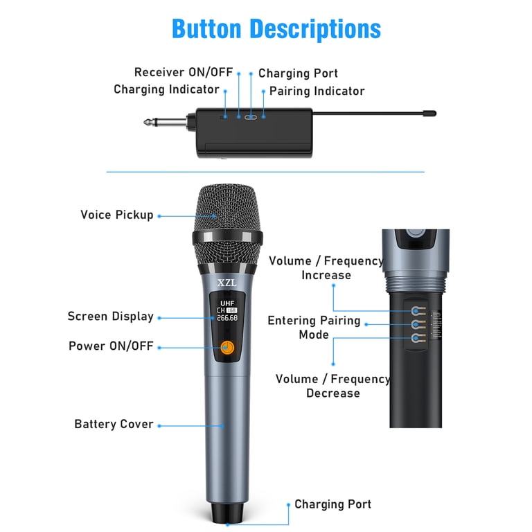 XZL Wireless Microphone, Rechargeable UHF Dual Handheld Metal Mics
