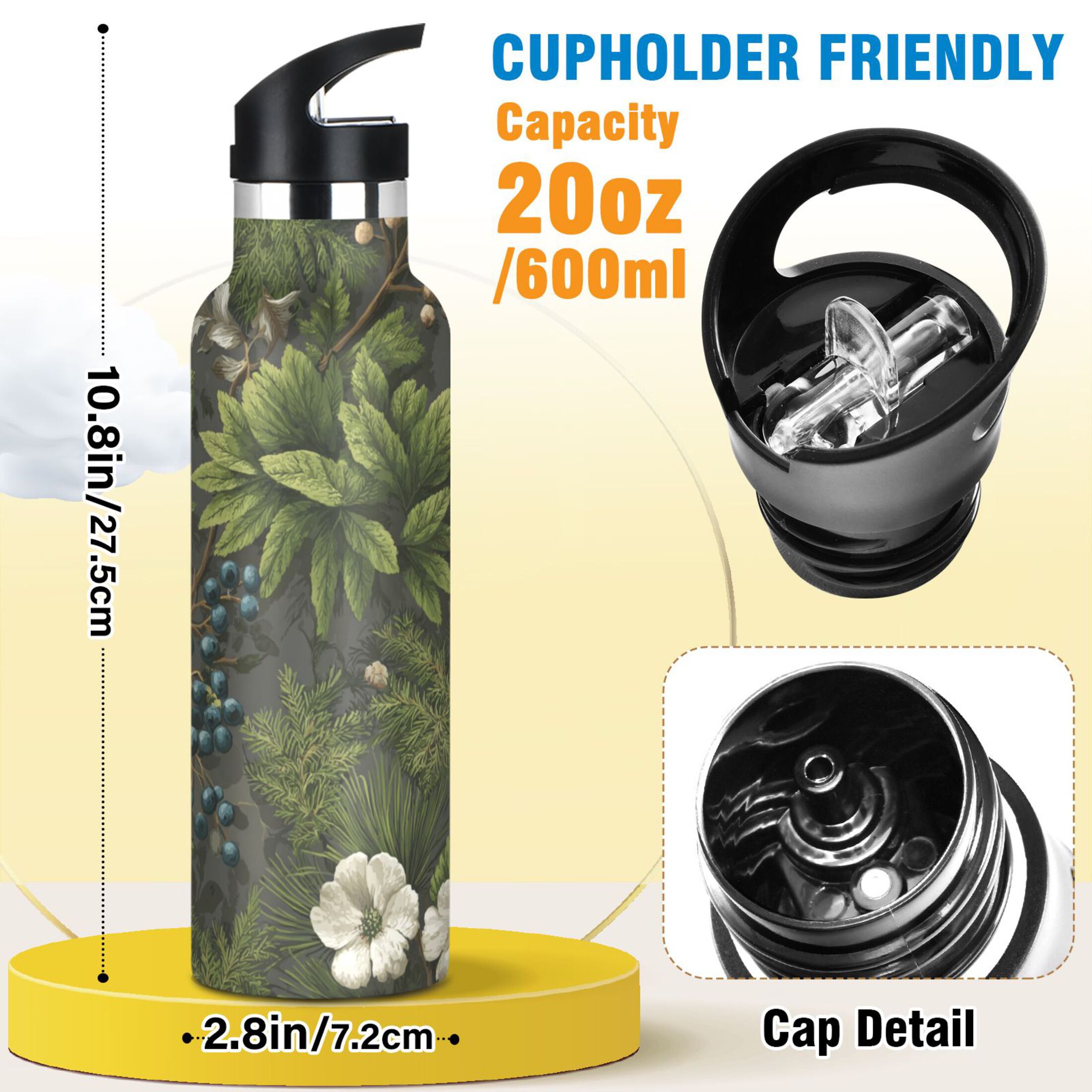 Kids Insulated Stainless Steel Sports Water Bottle 600ml (20oz) Ferns and Flowers