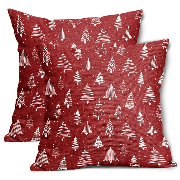 ABSOP Christmas Tree Red Pillow Covers 20X20 Inch Xmas Pine Trees White Decorative Square Pillow Cases Set of 2 Cotton Linen Cushion Cases for Sofa Room Porch Outdoor