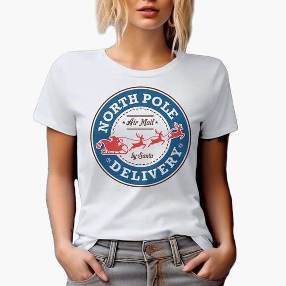 North Pole Delivery, Air Mail by Santa with Reindeers, Christmas Art Merch Gift, White T-Shirt, Small