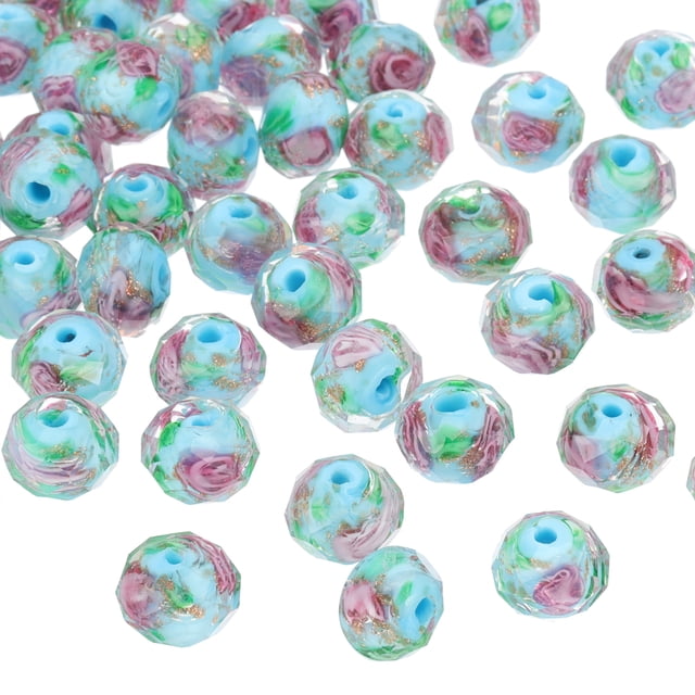 Uxcell 10mm Cuentas de Vidrio en Forma de Flor, 60Pcs Hechas a Mano con Arena Dorada, Cuentas Redondas Facetadas Espaciadoras Sueltas para Hacer Joyería, Collar, Pulsera, Manualidades DIY, Azul