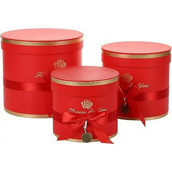 Set of 3 Cylinder Luxury Flower Boxes with Lids Round Florist Gift Packaging Ribbon Bow Cardboard Box for Flowers, Nested Floral Bouquet Favor Box for Anniversaries, Birthdays, Weddings (Red)