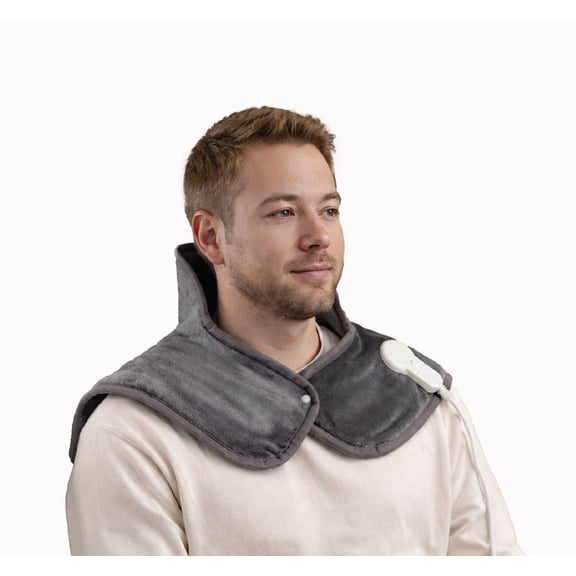 Brookstone Heated Weighted Neck & Shoulder Pad – 21” x 22" Electric Heating Pad for Neck, Shoulders & Upper Back, 4 Heat Settings, LCD Controller, Soft Plush Fabric, 2-Hour Auto Shut-Off