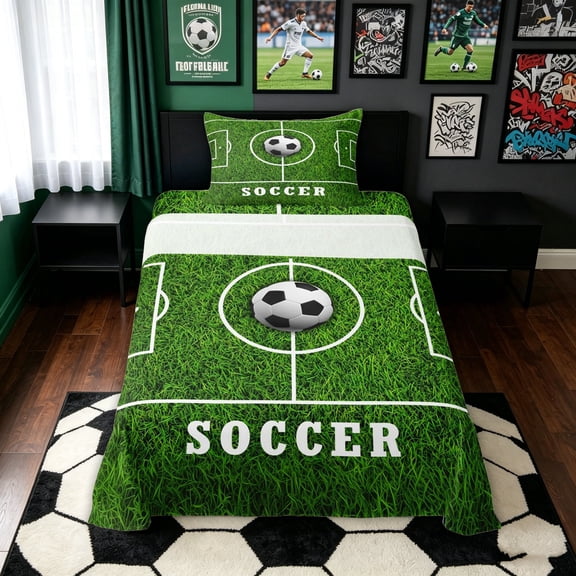 meiyoeat Minimalist Soccer Twin Sheets for Boys, Field Ball Sport Bedding, Green, 3 Pieces, 1 Flat Sheet, 1 Fitted Sheet and 1 Pillowcase