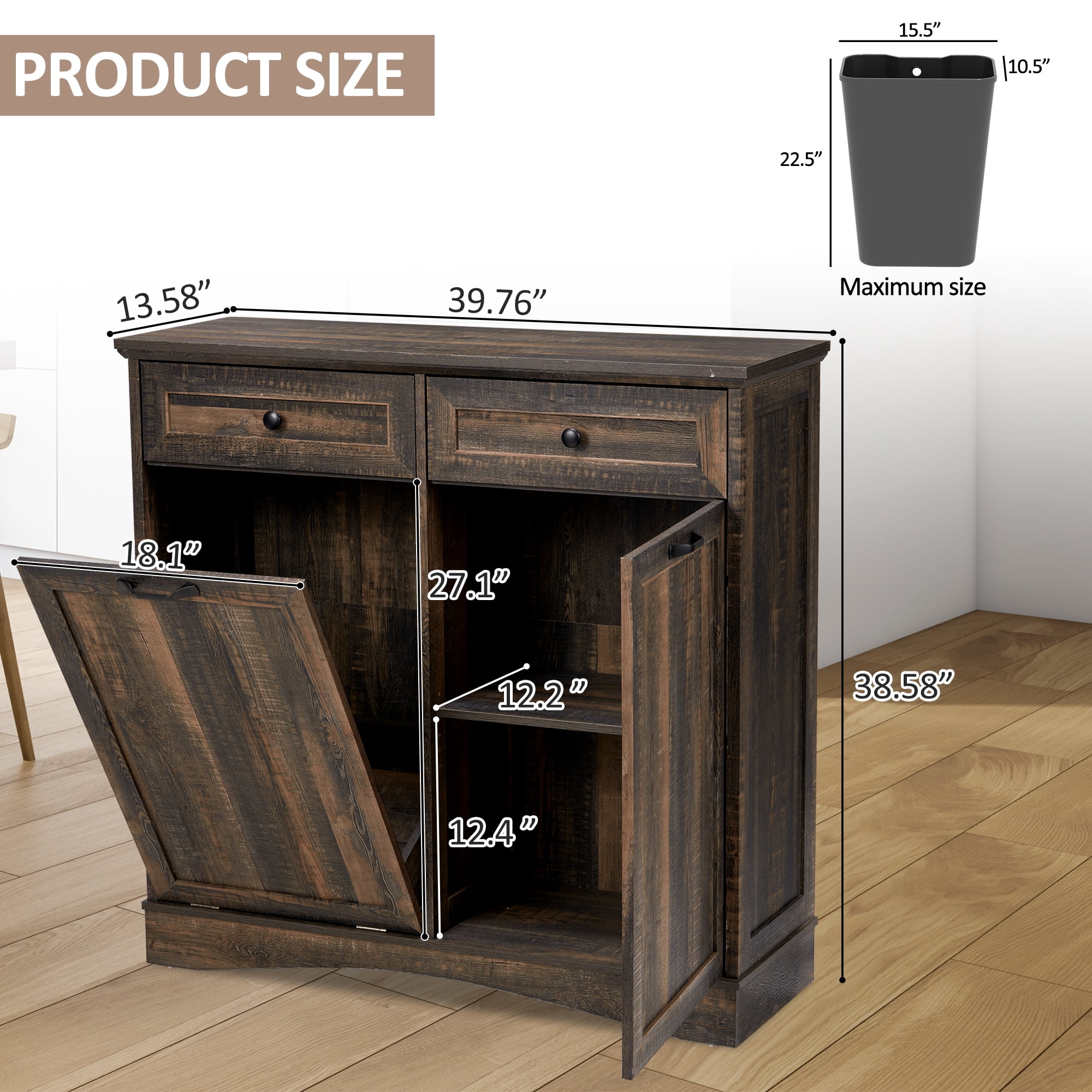 HARIPUL 13 Gallon Tilt Out Trash Cabinet Waste Bins Hidden Trash Bin with Drawer & Adjustable Shelf & for Kitchen, Dark Brown