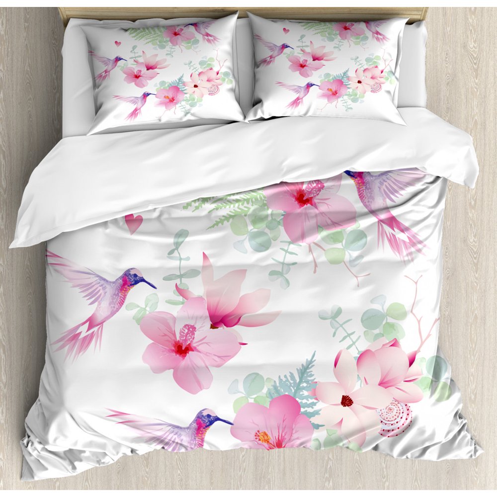 Hummingbirds Queen Size Duvet Cover Set, Tropical Flowers with Flying