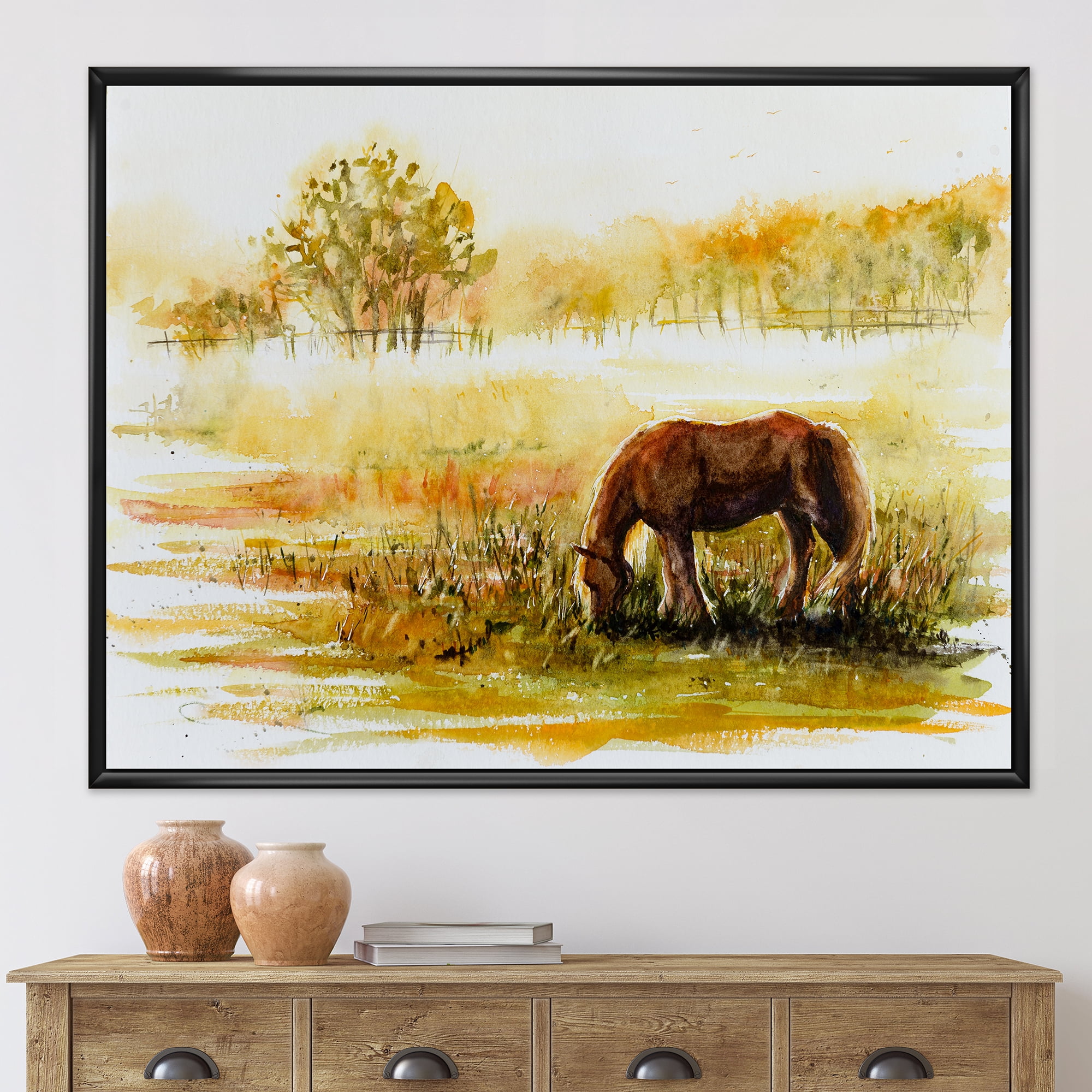 Designart 'Horse Eating Grass On A Meadow' Farmhouse Framed Canvas Wall Art Print