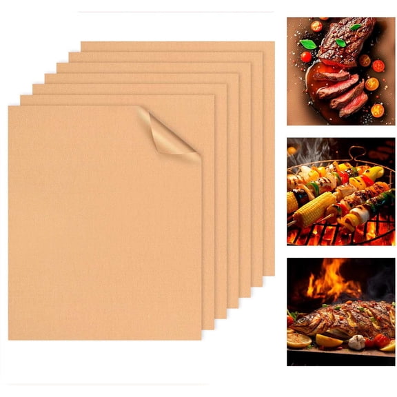 Grill Mats for Outdoor Grill, Copper 7pcs Grill Mat, Non Stick BBQ Baking Mats 15.75 x 13, Heavy Duty, Reusable and Easy to Clean - Gas Charcoal & Electric BBQ