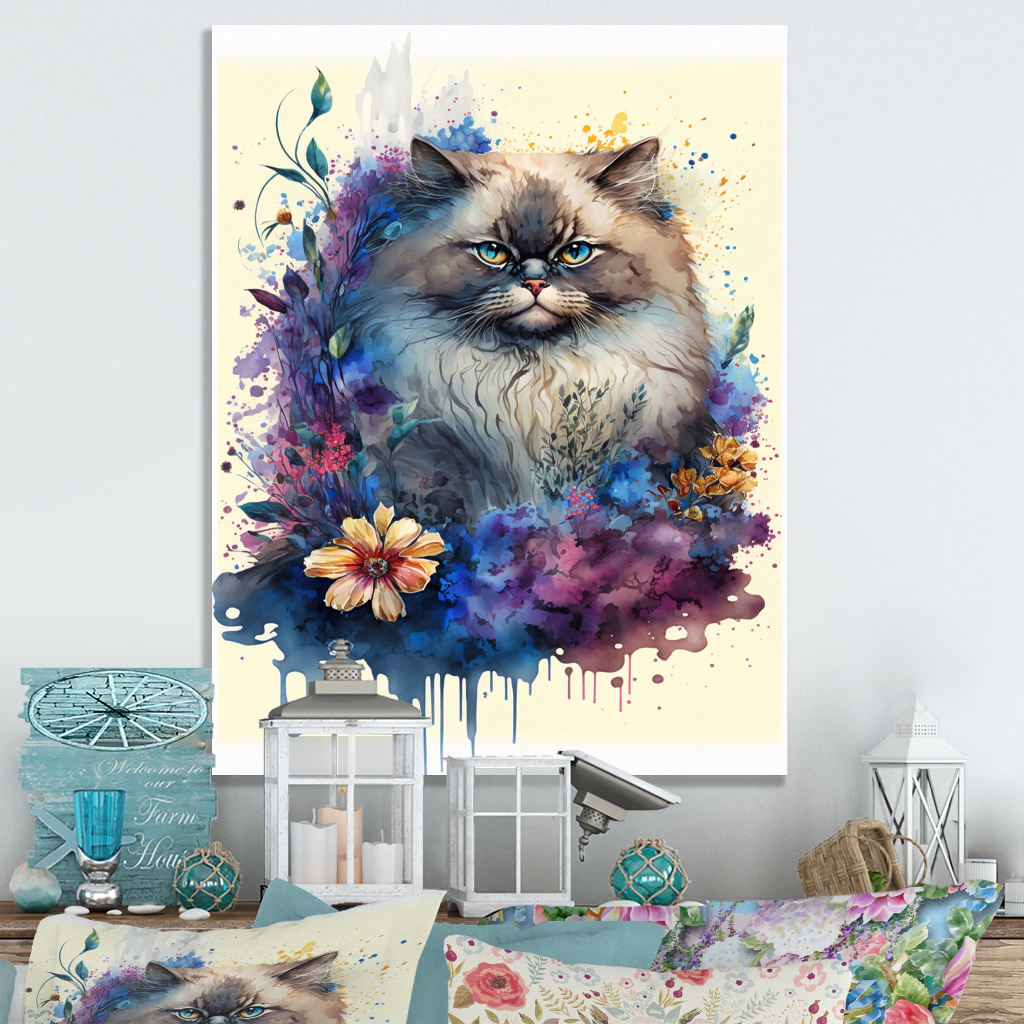 Designart Cute Persian Cat Floral Art II Canvas Wall Art