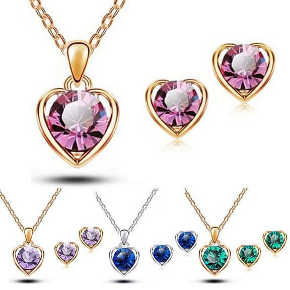 Kripyery Women's Fashion Jewelry Heart Crystal Pendant Necklace Ear Studs Earrings Set