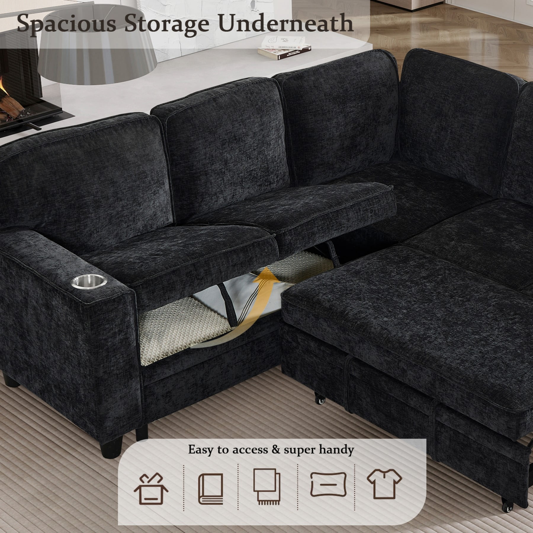 Aukfa Sectional Sleeper Sofa Bed w/Storage Seat, L Shaped Modular Sectional Sofa with USB Ports and Cup Holders for Living Room, Black