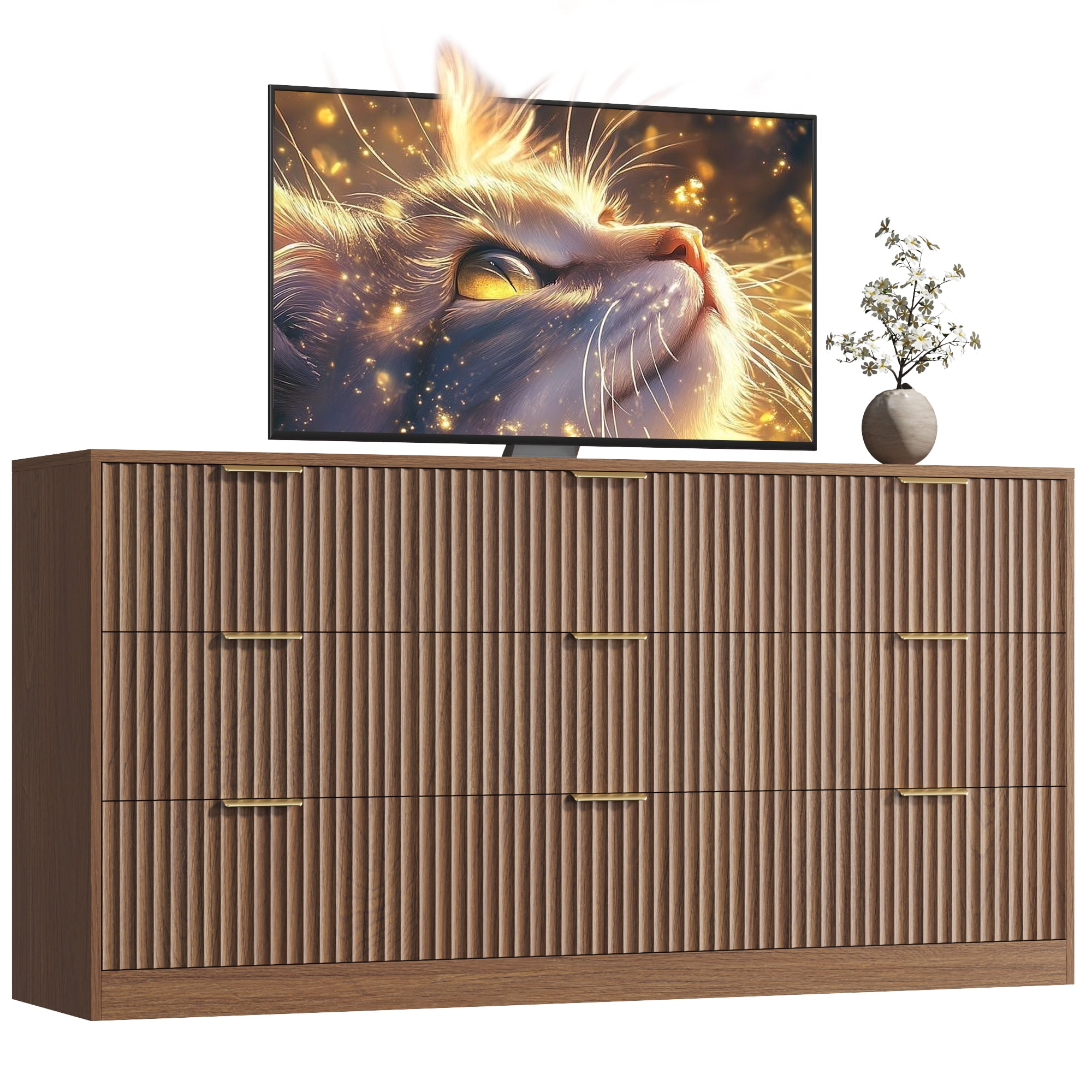 ASTUVIA 63" W Fluted 9 Drawer Dresser for Adult,Wooden Bedroom Dresser,Dresser TV Stand up to 70" for Living Room,Oak
