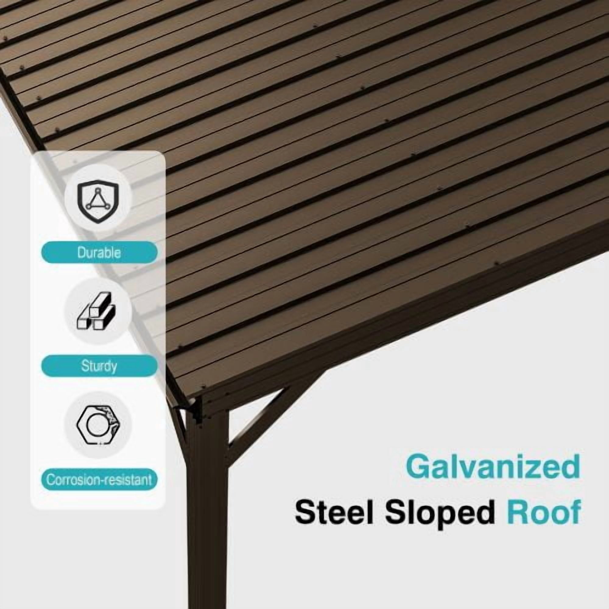 8x5 FT Brown Hardtop Lean-to Wall Mounted Gazebo with Galvanized Steel Roof & Drainage System, Heavy Duty Outdoor Shelter for Deck, Porch, Backyard