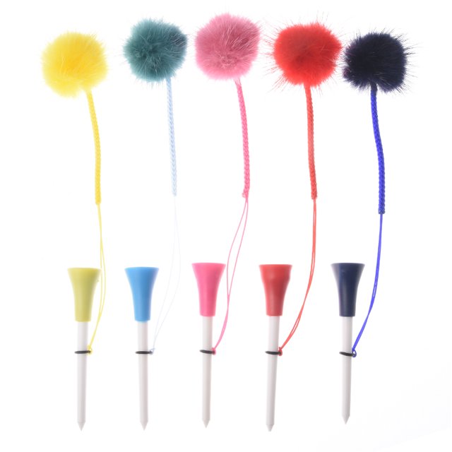 5Pcs Golf Rubber Tees With 4cm Imitation Mink Fur Plush Balls&Handmade Rope Prevent loss Different Colors Golf Ball Holder 5Pcs