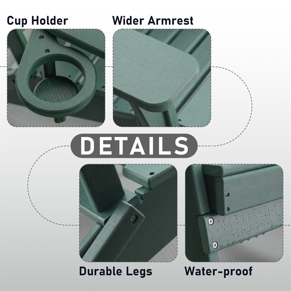 HDPE Folding Adirondack Chair with Cup Holder,Weather-Resistant, Low Maintenance,Supports up to 400lbs,Green