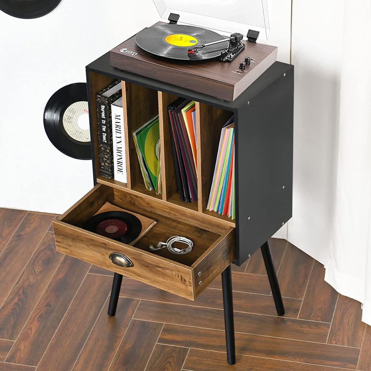 Record Player Stand,Vinyl Record Storage Table with 4 Cabinet up to 100  Albums,Mid-Century Turntable Stand with Wood Legs,Brown Vinyl Holder  Display Shelf for Bedroom Living Room (Patented) – Built to Order, Made