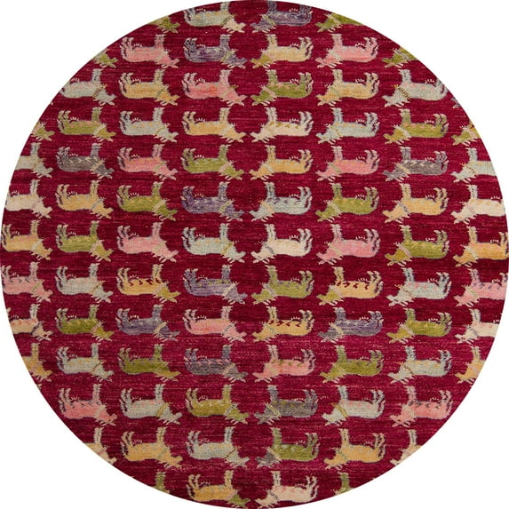 Ahgly Company Machine Washable Indoor Round Abstract Red Area Rugs, 7' Round