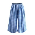 thumbnail image 5 of Audhol Gingham Pants, Women's Cotton Linen Pants Elastic Waist Plaid Wide Leg Pants Culottes for Women Blue L, 5 of 5