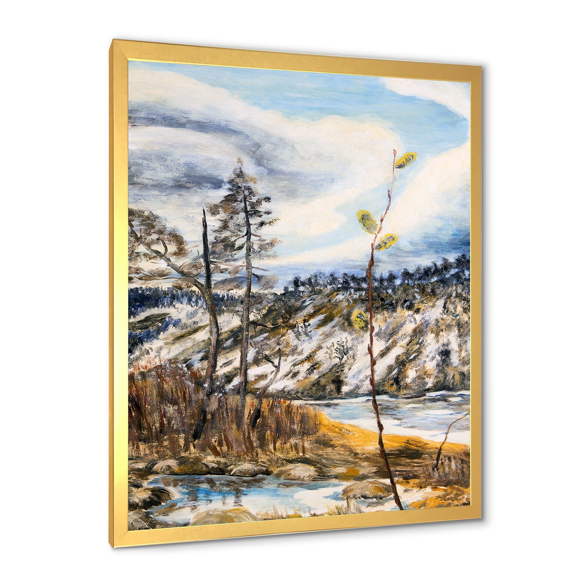 Designart 'The Cloudy Sky and The River With Spring Landscape' Lake House Framed Art Print