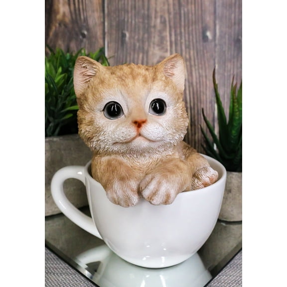 Ebros Lifelike Orange Tabby Cat Teacup Statue 5.75" H with Adorable Glass Eyes
