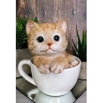 Ebros Lifelike Orange Tabby Cat Teacup Statue 5.75" H with Adorable Glass Eyes